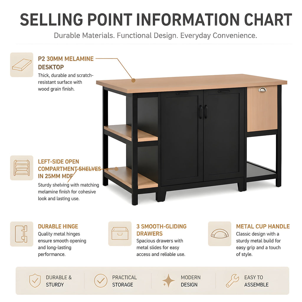 58" Freestanding Kitchen Island-Open Shelving