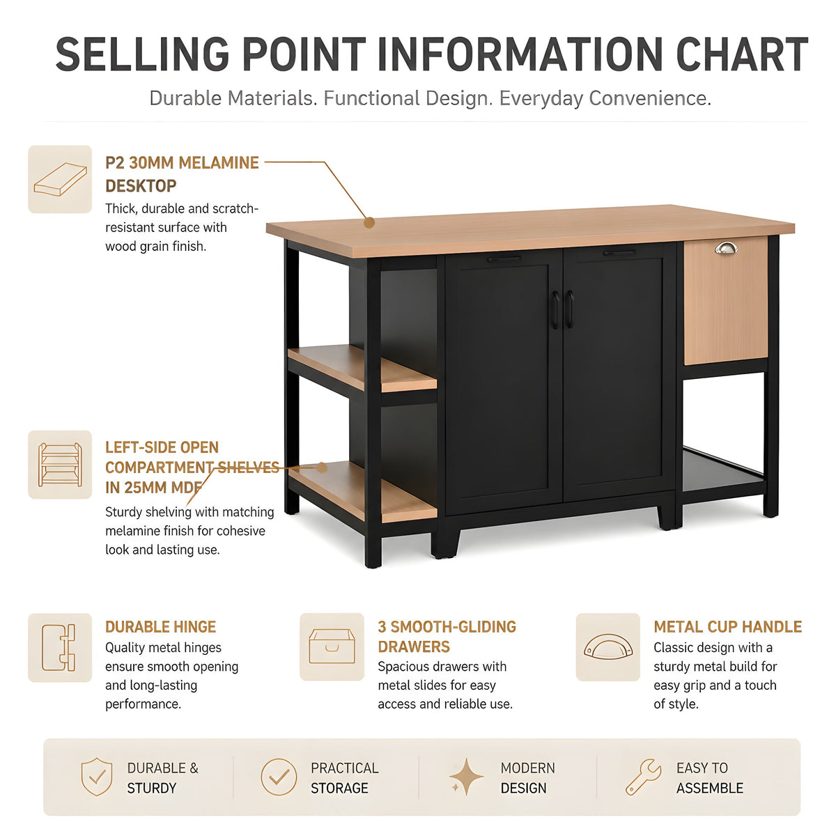 58" Freestanding Kitchen Island-Open Shelving
