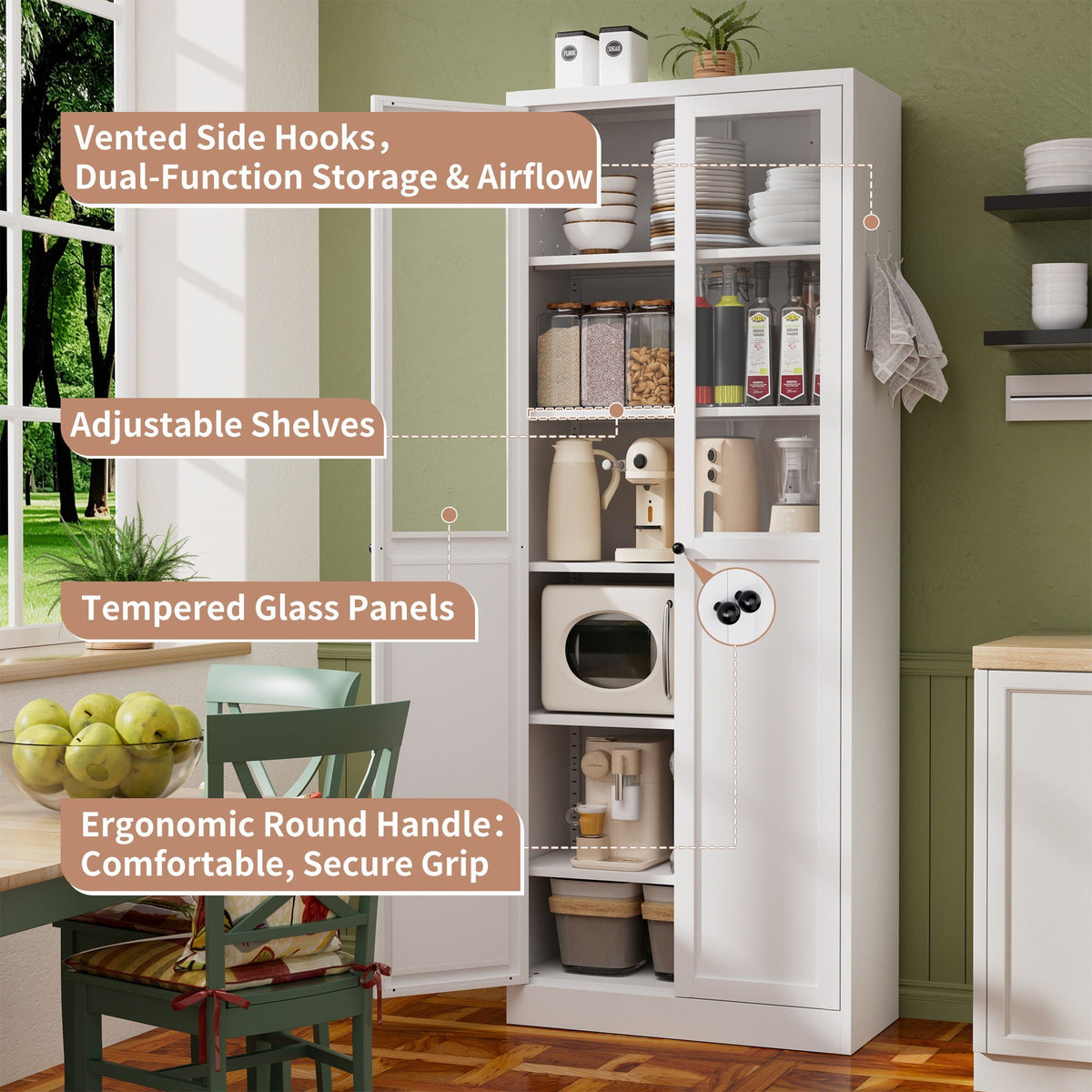 Tall Metal Kitchen Pantry Cabinet with Adjustable Shelves And Silent Magnetic Doors