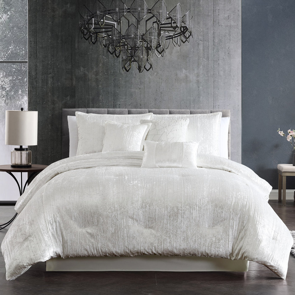 The Turin 7 Piece White Crinkle Velvet Queen Comforter Ensemble