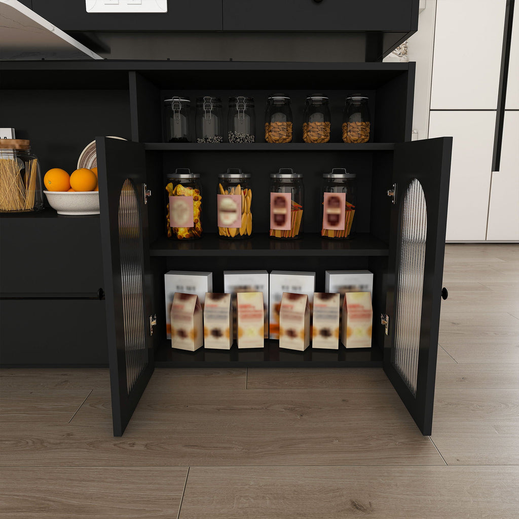 Kitchen Island With Extendable Rotating Table and Glass Door Cabinets