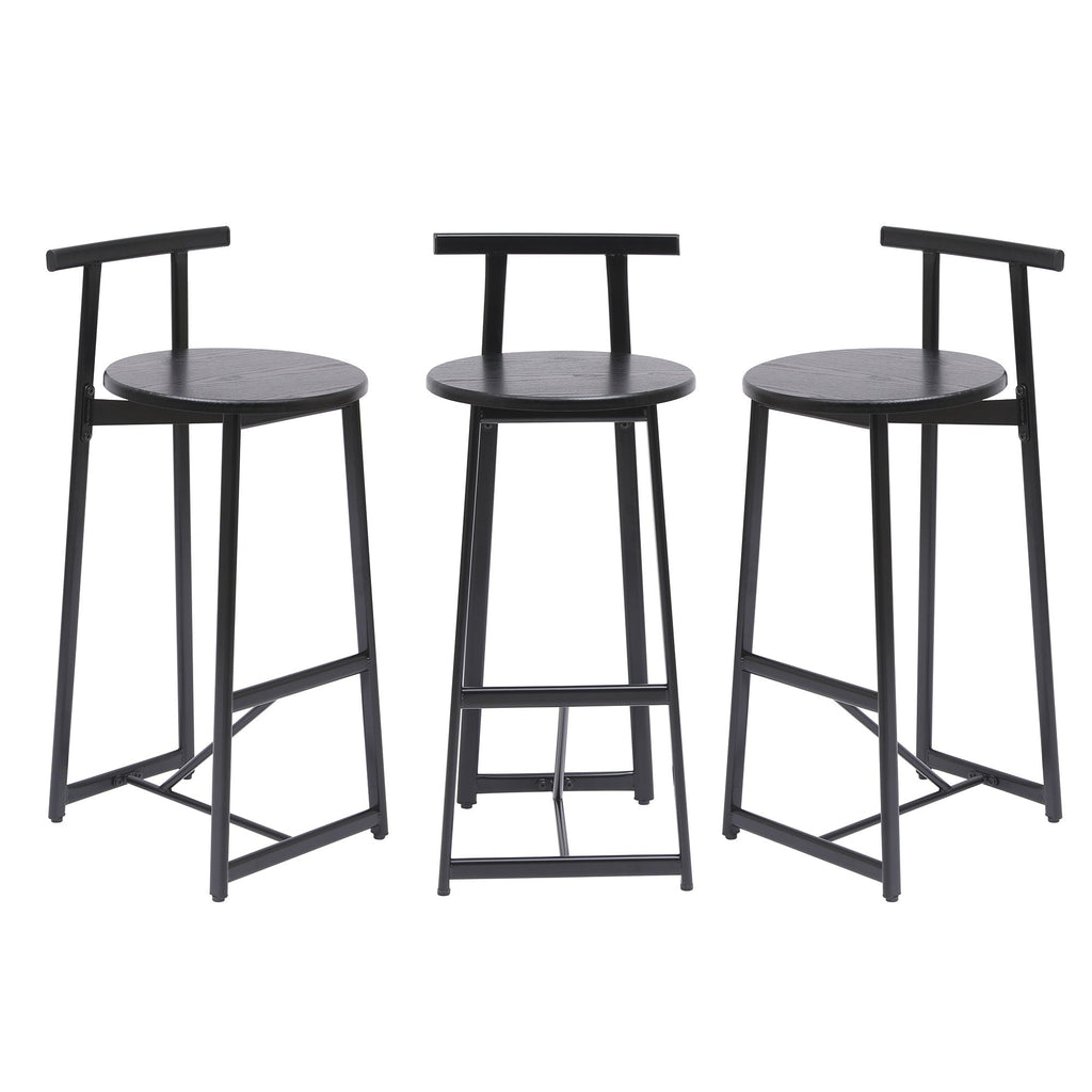 Three black bar stools with round seats on a white background