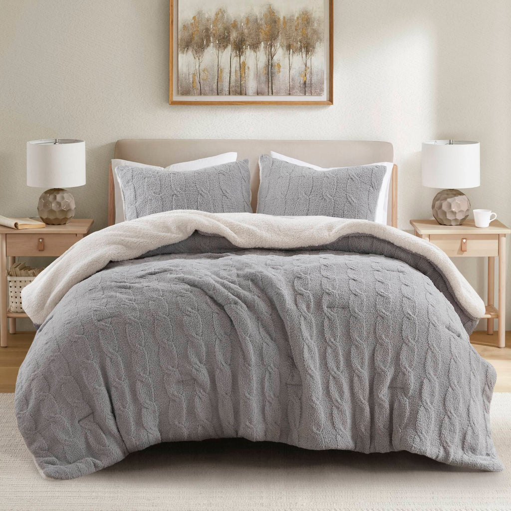 Gray 3 Piece Full/Queen Cable Knit Chenille Comforter Set