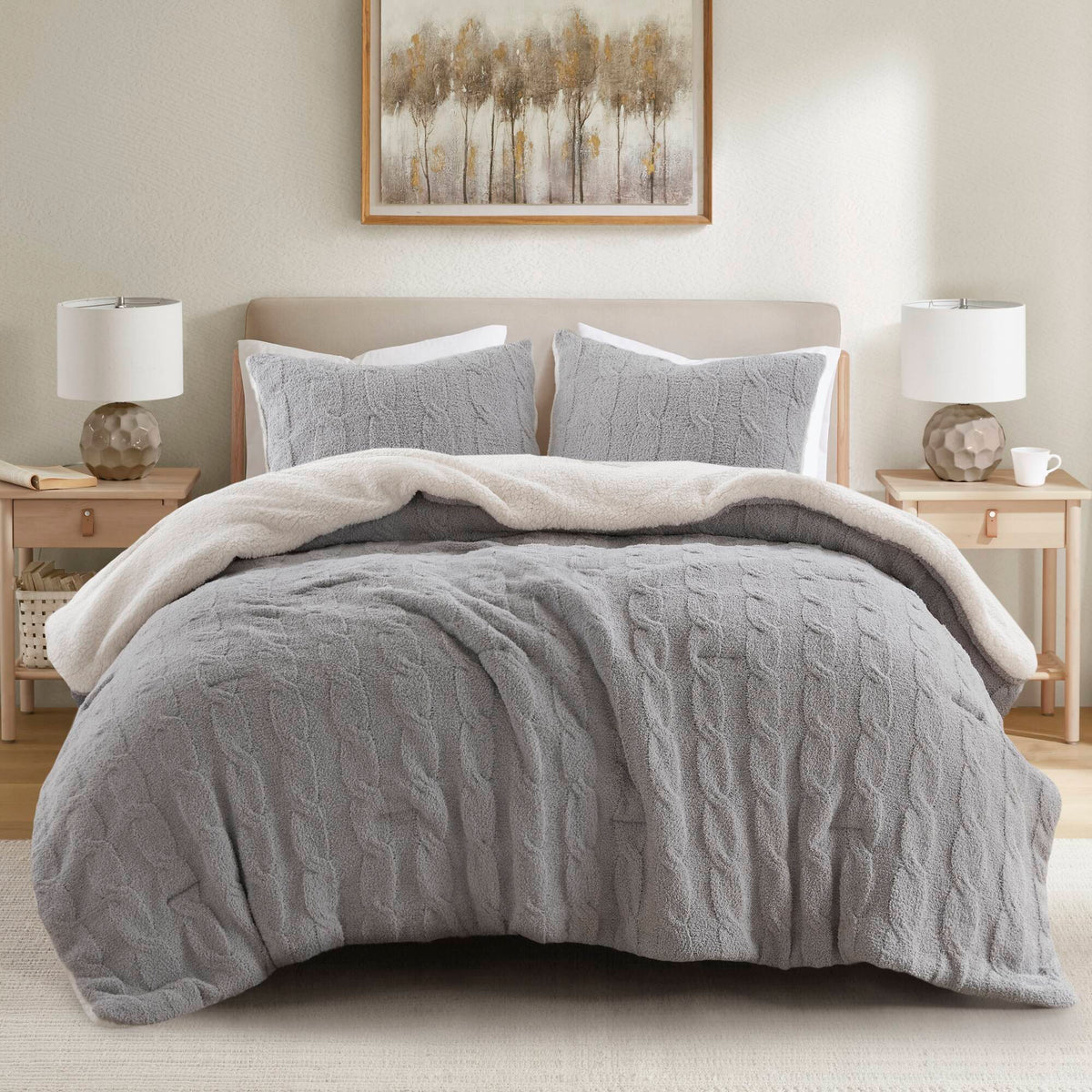 Gray 3 Piece Full/Queen Cable Knit Chenille Comforter Set