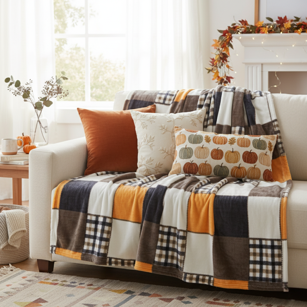 Tache Orange Farmhouse Plaid Micro Fleece Throw Blanket