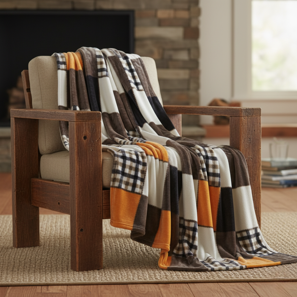 Tache Orange Farmhouse Plaid Micro Fleece Throw Blanket