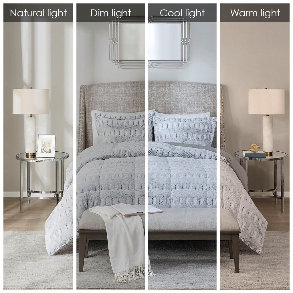 Gray Long Fur Back Print Comforter Mini Set-Full/Queen