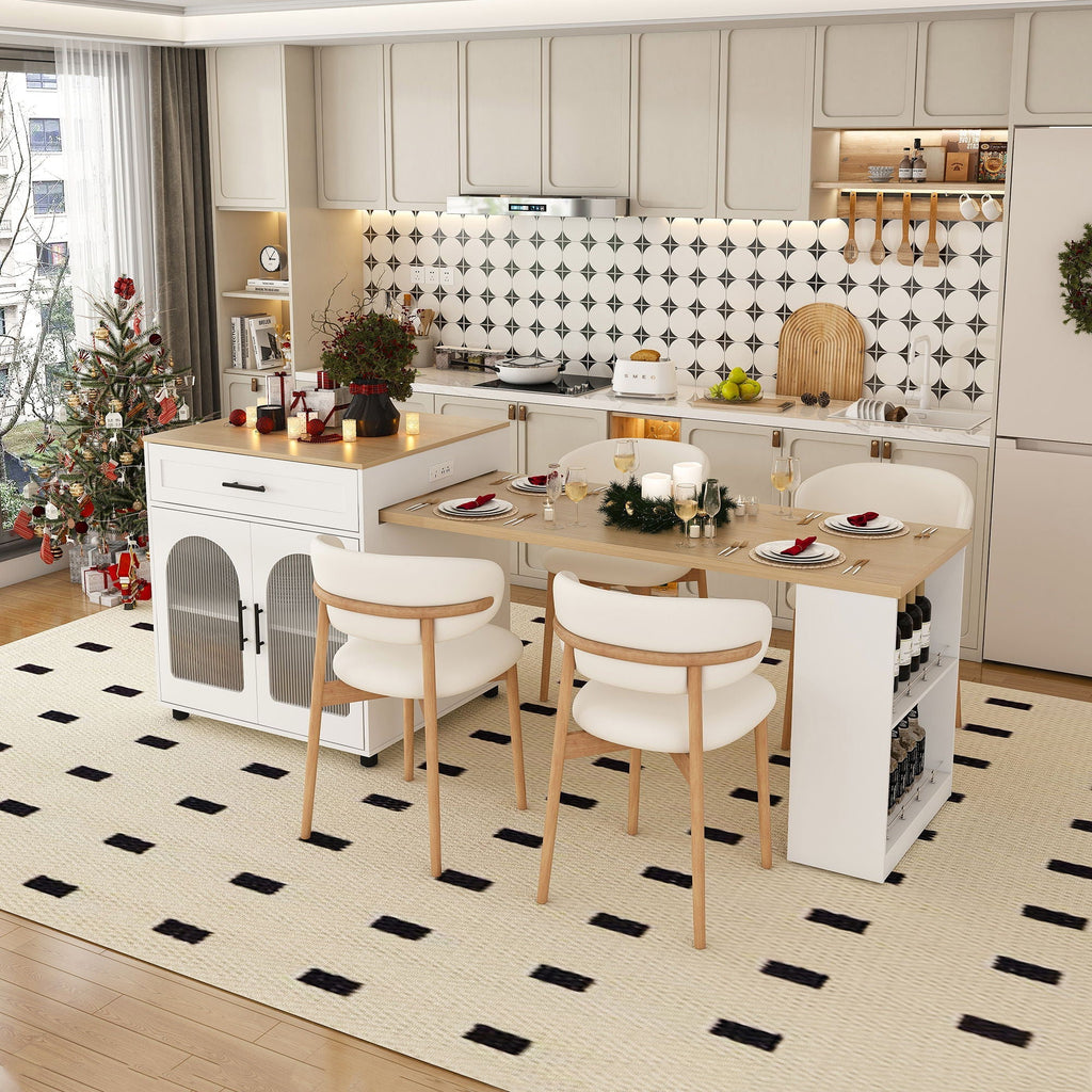 Modern kitchen with dining area, Christmas decorations, and a patterned rug.
