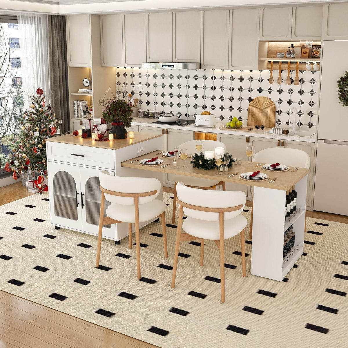 Modern kitchen with dining area, Christmas decorations, and a patterned rug.