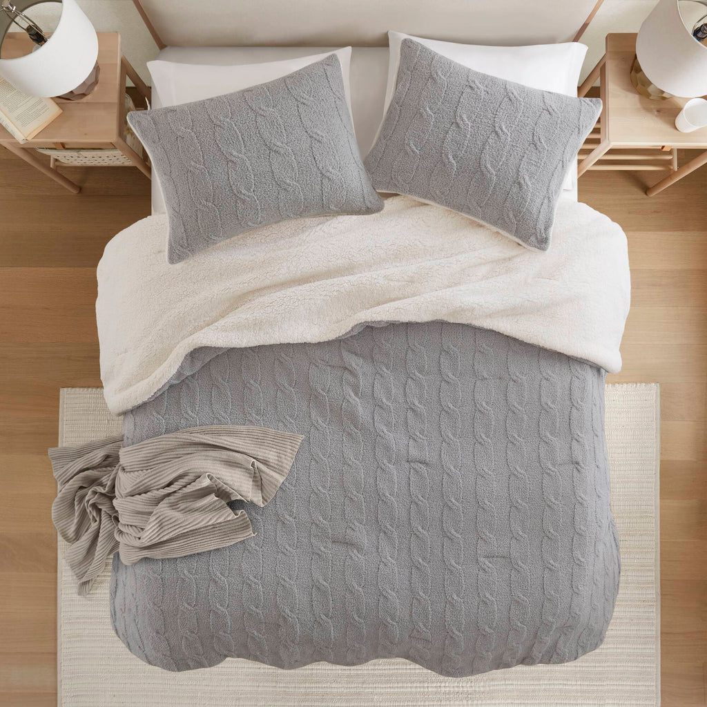Gray 3 Piece Full/Queen Cable Knit Chenille Comforter Set