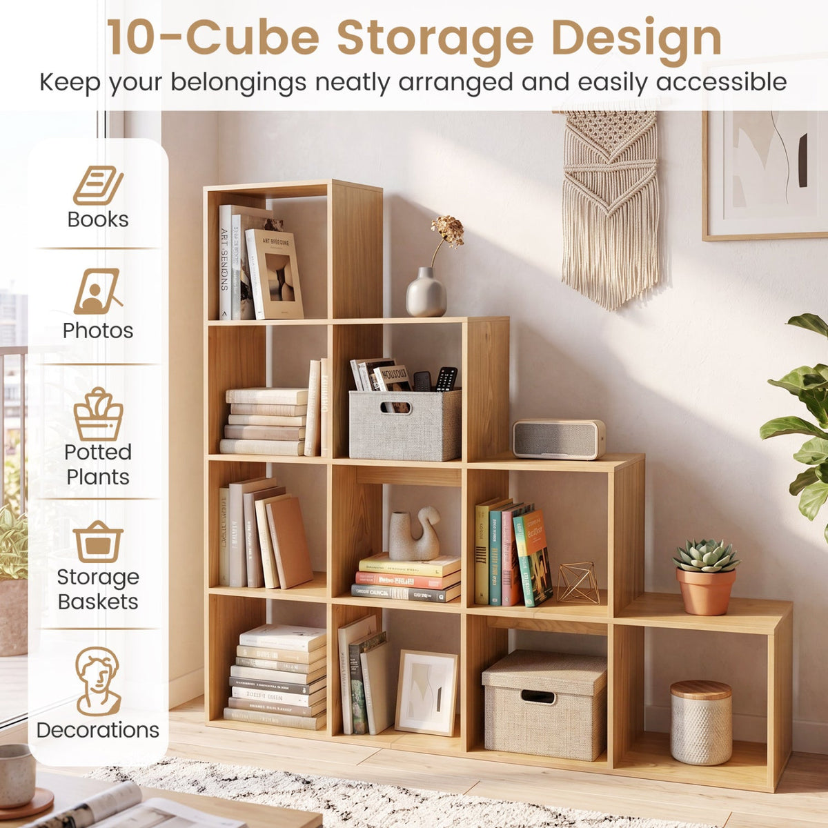 4-Tier Bookshelf with 10 Cube Storage and Anti-Tip Kit