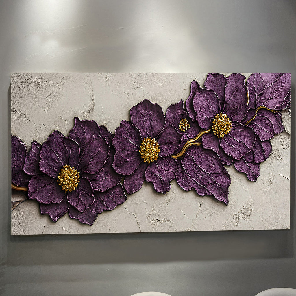 Decorative wall art with purple flowers and gold centers on a textured beige background.