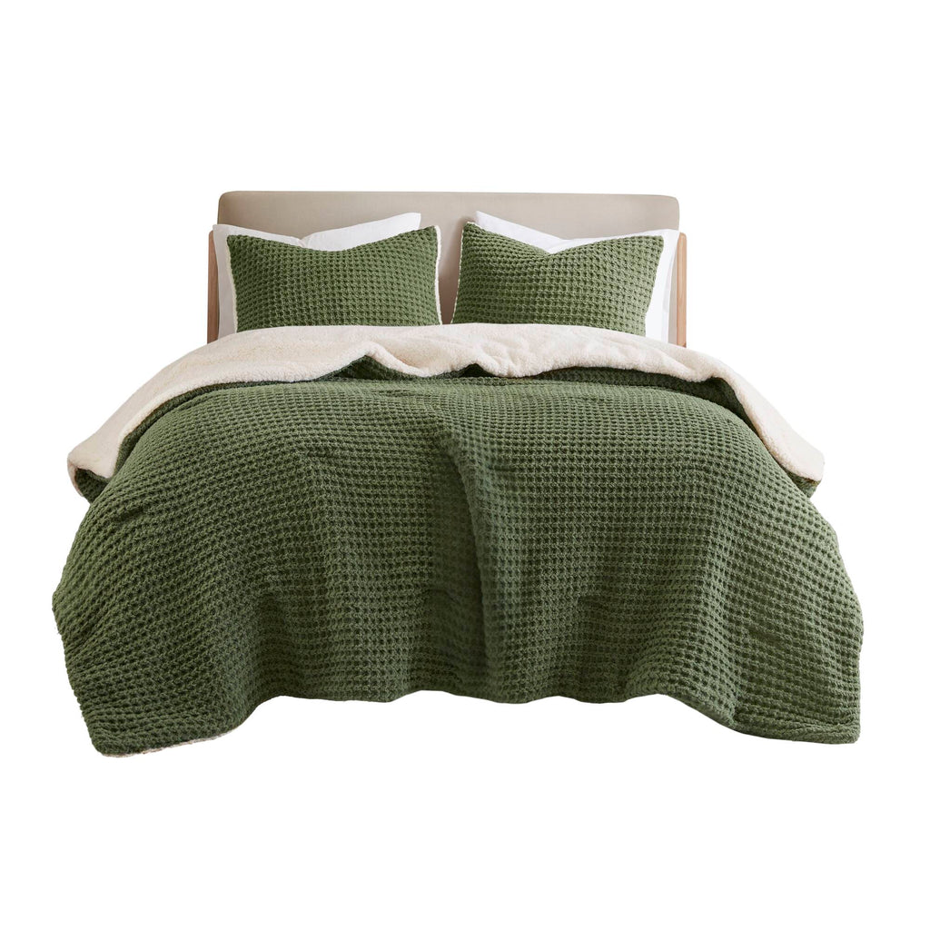 Olive Full/Queen Waffle Knit Chenille Comforter Set