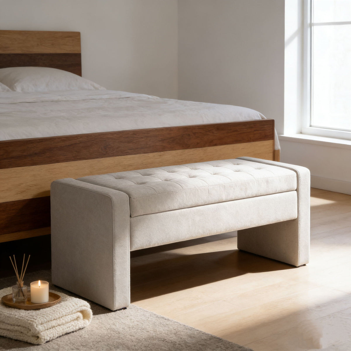 White Modern Upholstered Ottoman with Tufted Seat