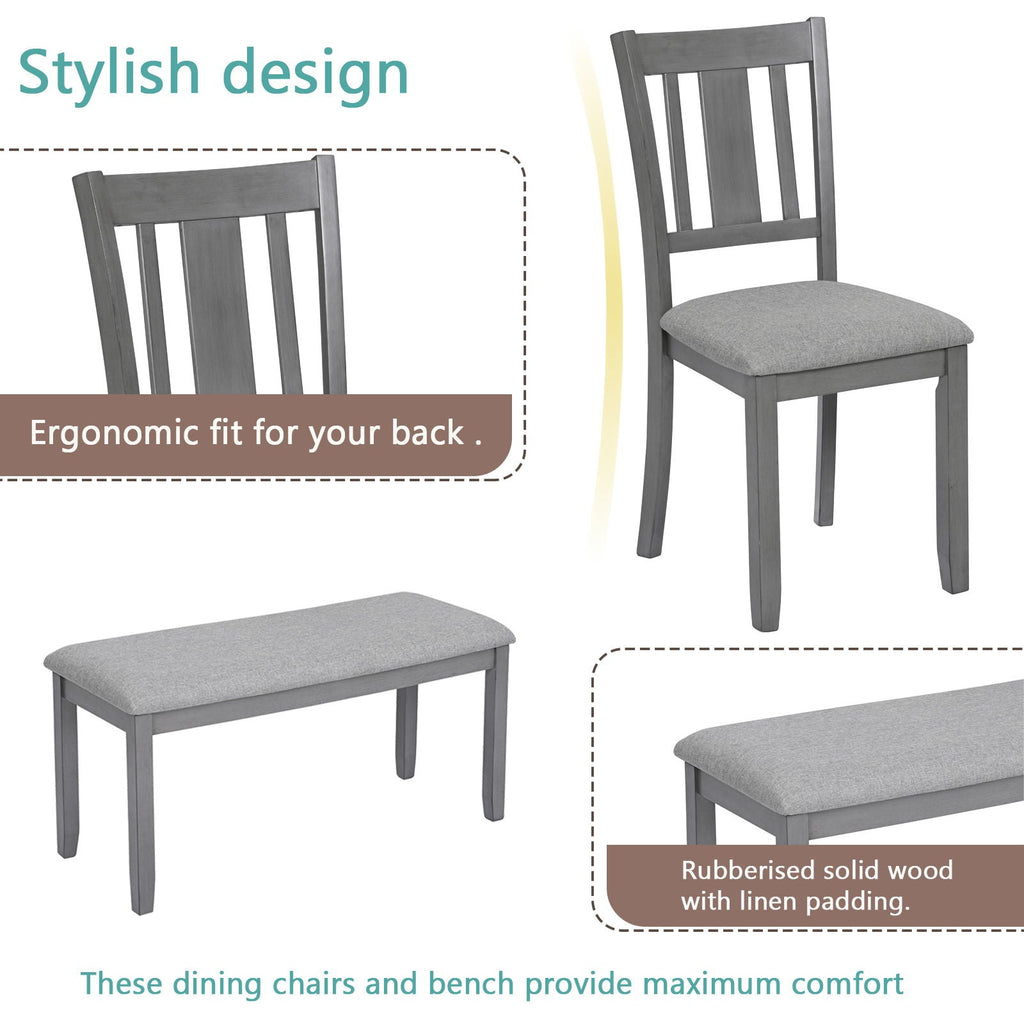 6 Piece Wood Dining Table with 4 Upholstered Chairs And A Bench