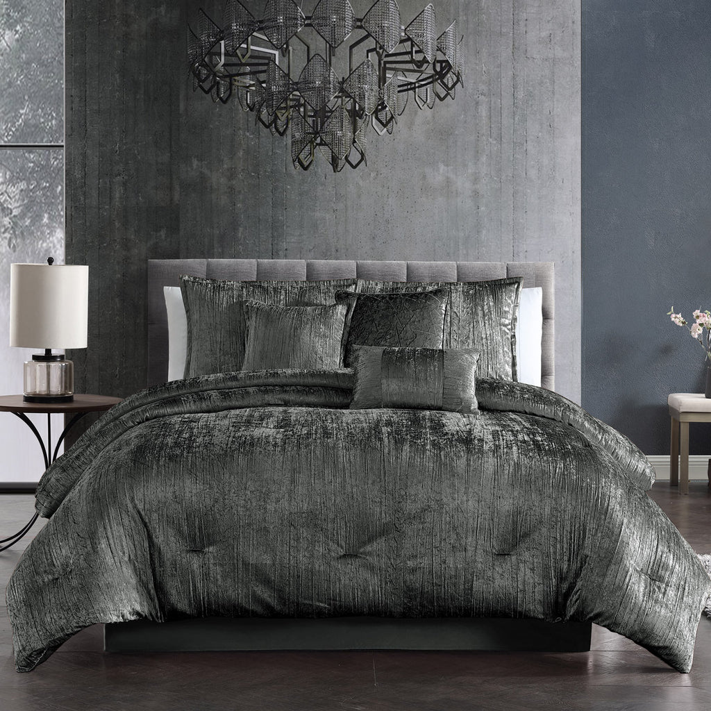 The Turin Charcoal 7 Piece Crinkle Velvet Comforter Ensemble