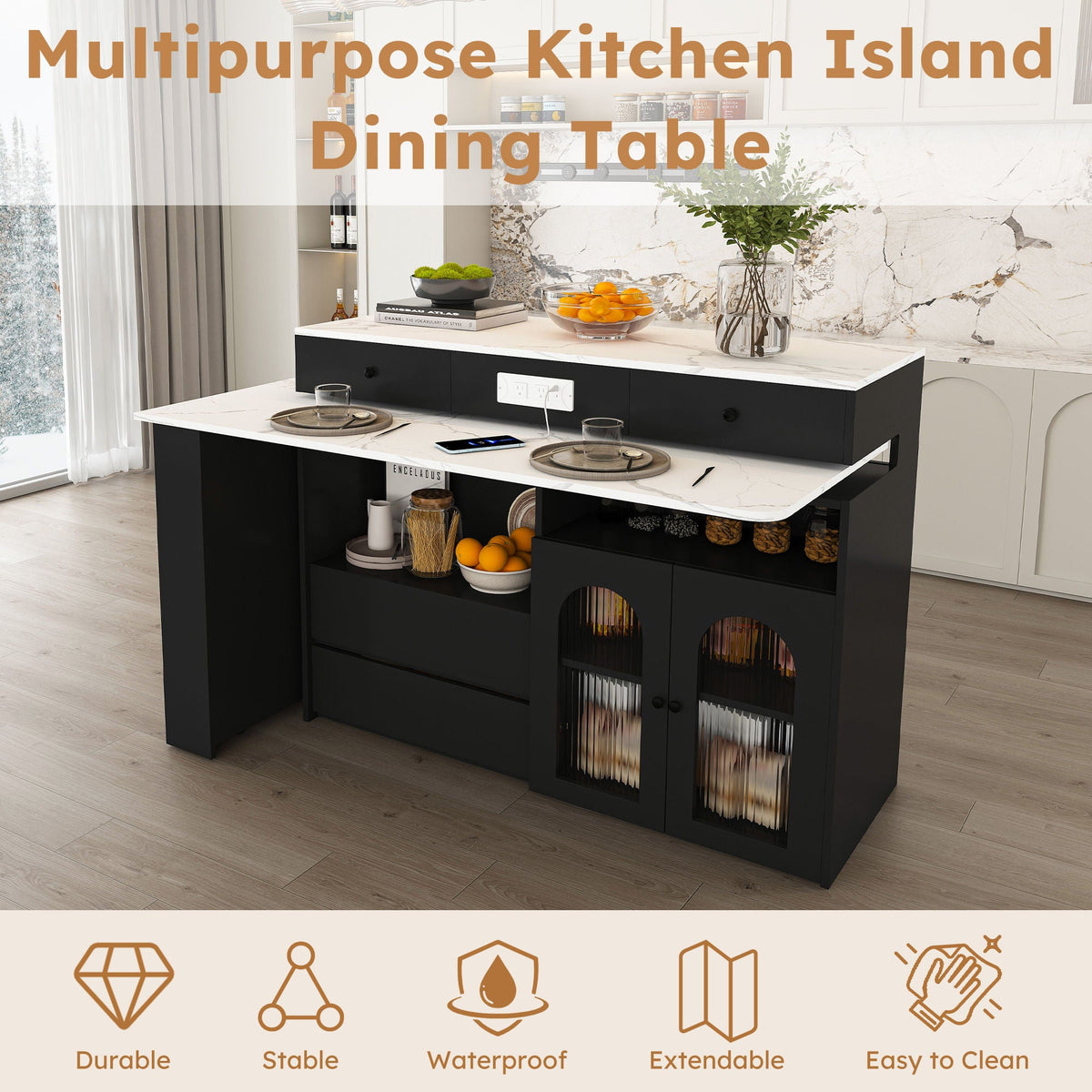 Kitchen Island With Extendable Rotating Table and Glass Door Cabinets