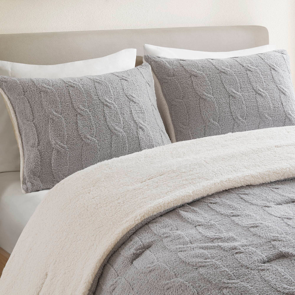 Gray 3 Piece Full/Queen Cable Knit Chenille Comforter Set