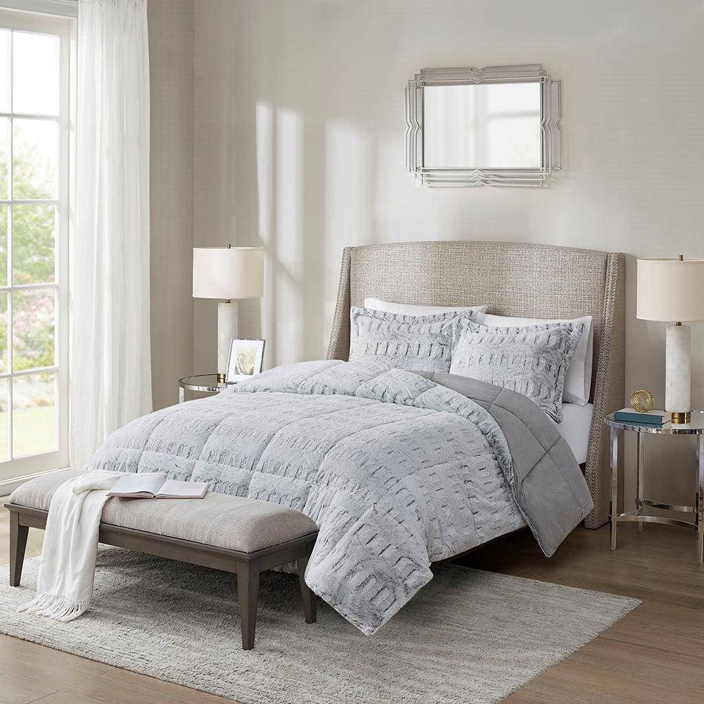 Gray Long Fur Back Print Comforter Mini Set-Full/Queen