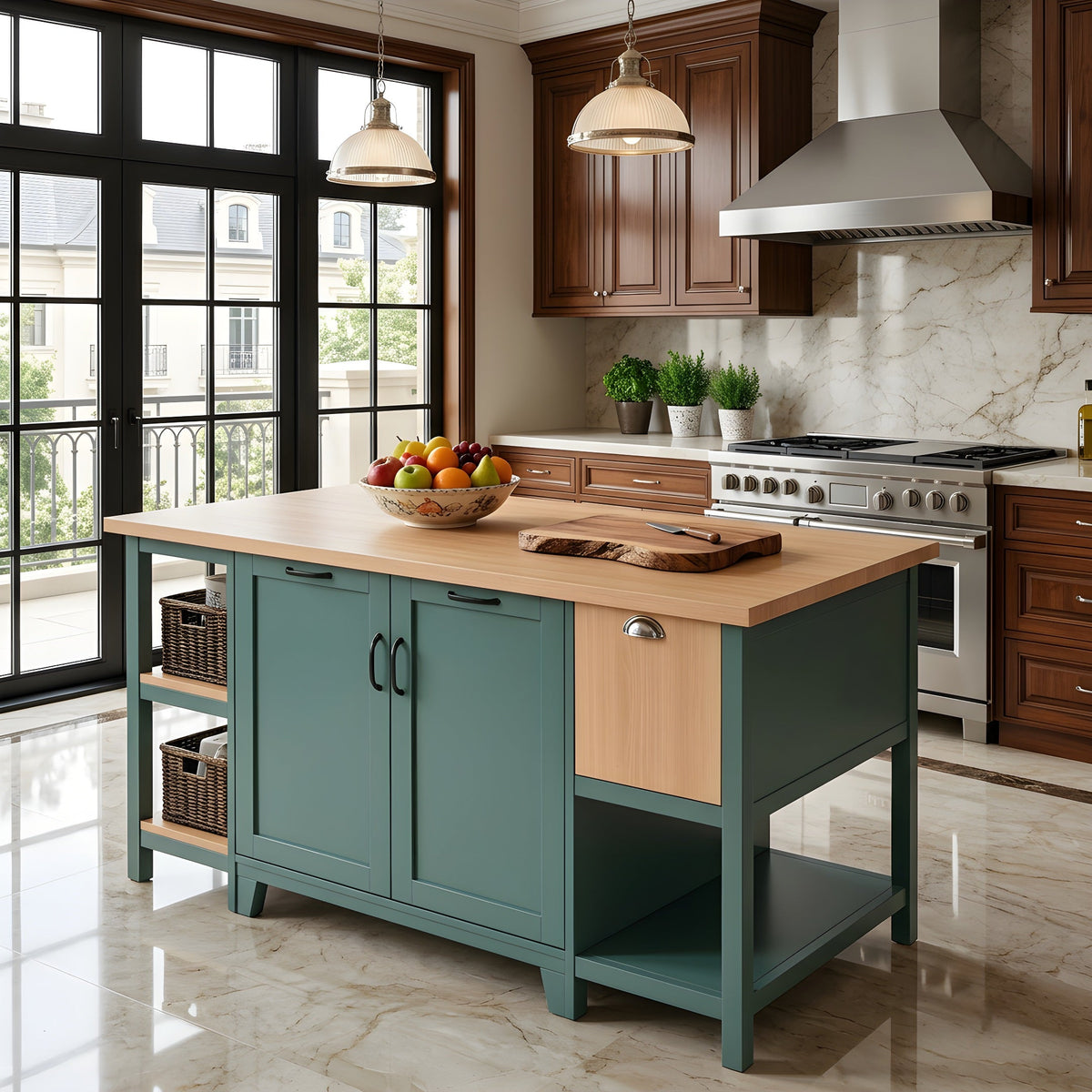 58" Freestanding Kitchen Island-Open Shelving