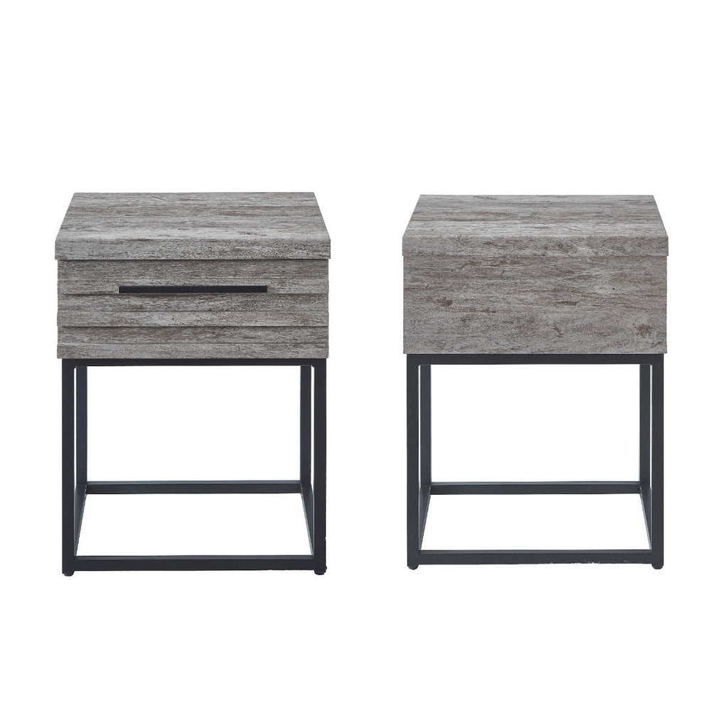 Two gray textured side tables with metal legs on a white background