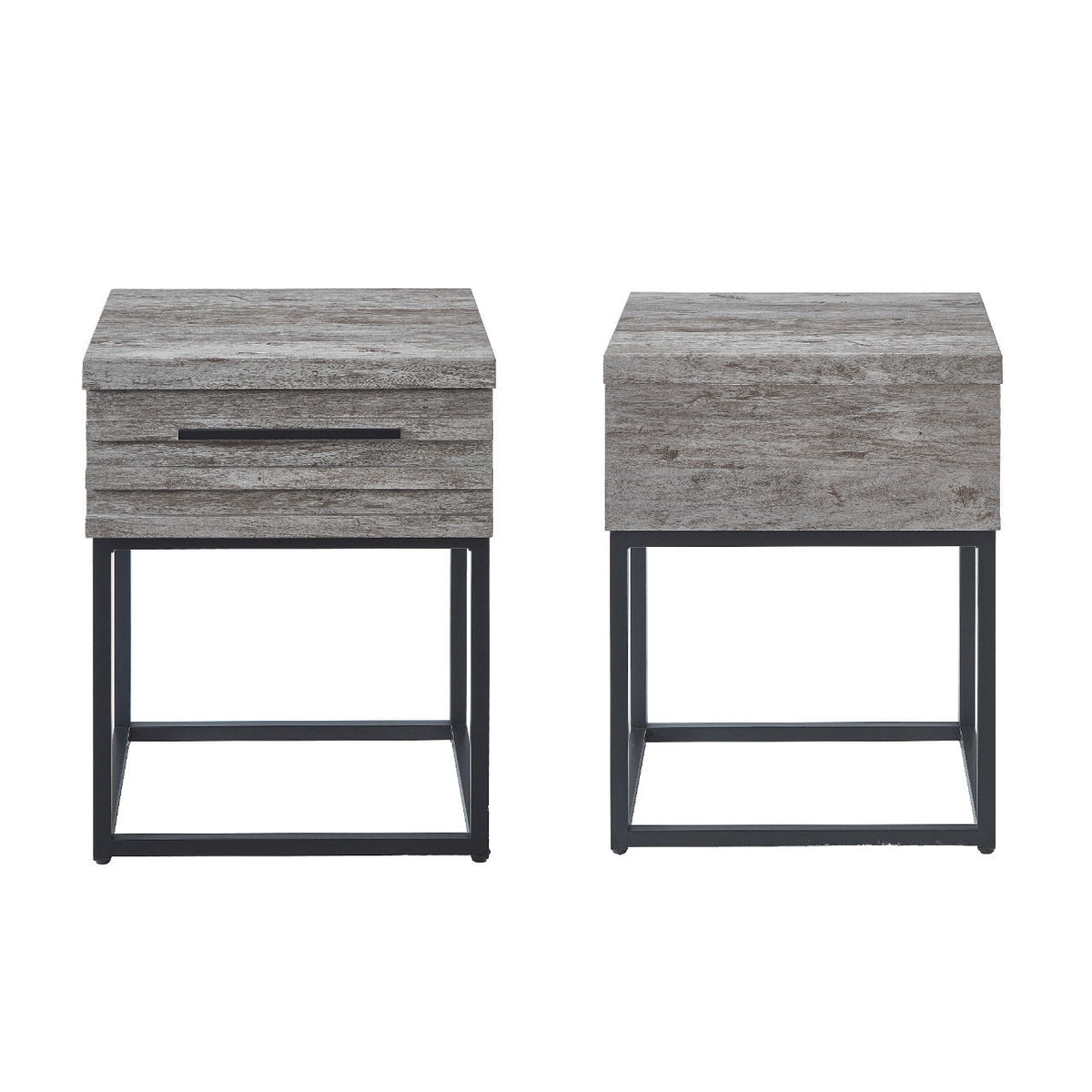 Two gray textured side tables with metal legs on a white background