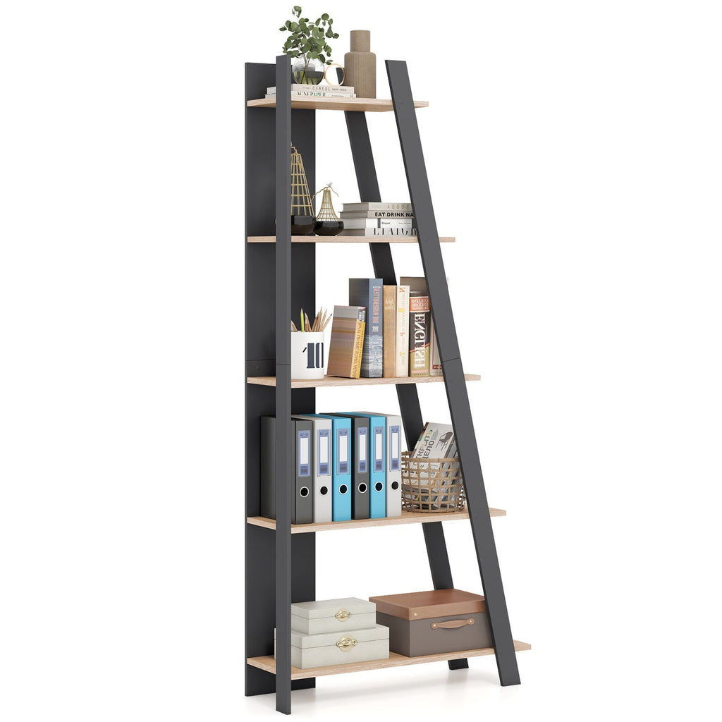 A tall, narrow ladder-style bookshelf with five light natural wood shelves and dark charcoal gray side supports, shown against a plain white background with decorative books, binders, and boxes on the shelves.