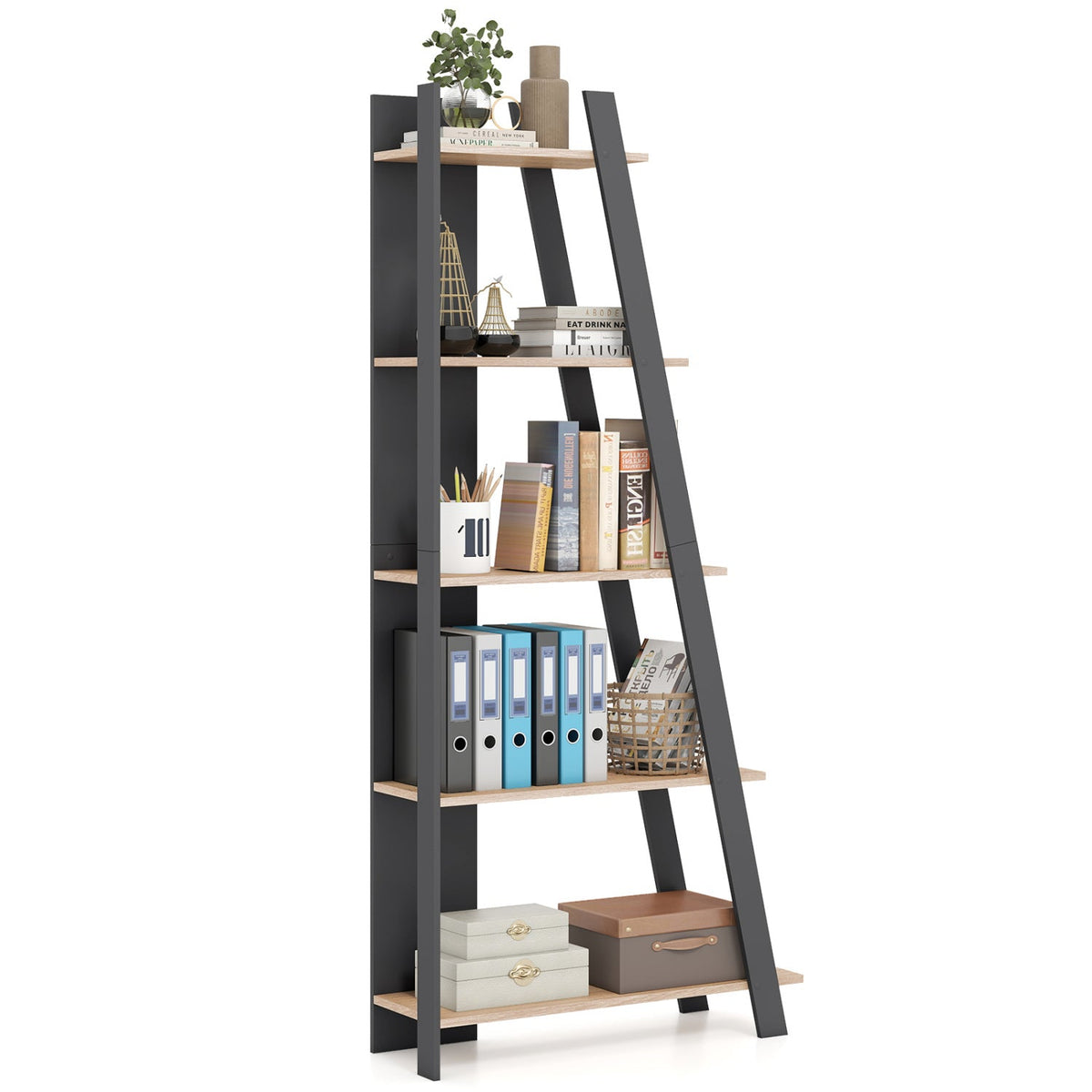 A tall, narrow ladder-style bookshelf with five light natural wood shelves and dark charcoal gray side supports, shown against a plain white background with decorative books, binders, and boxes on the shelves.