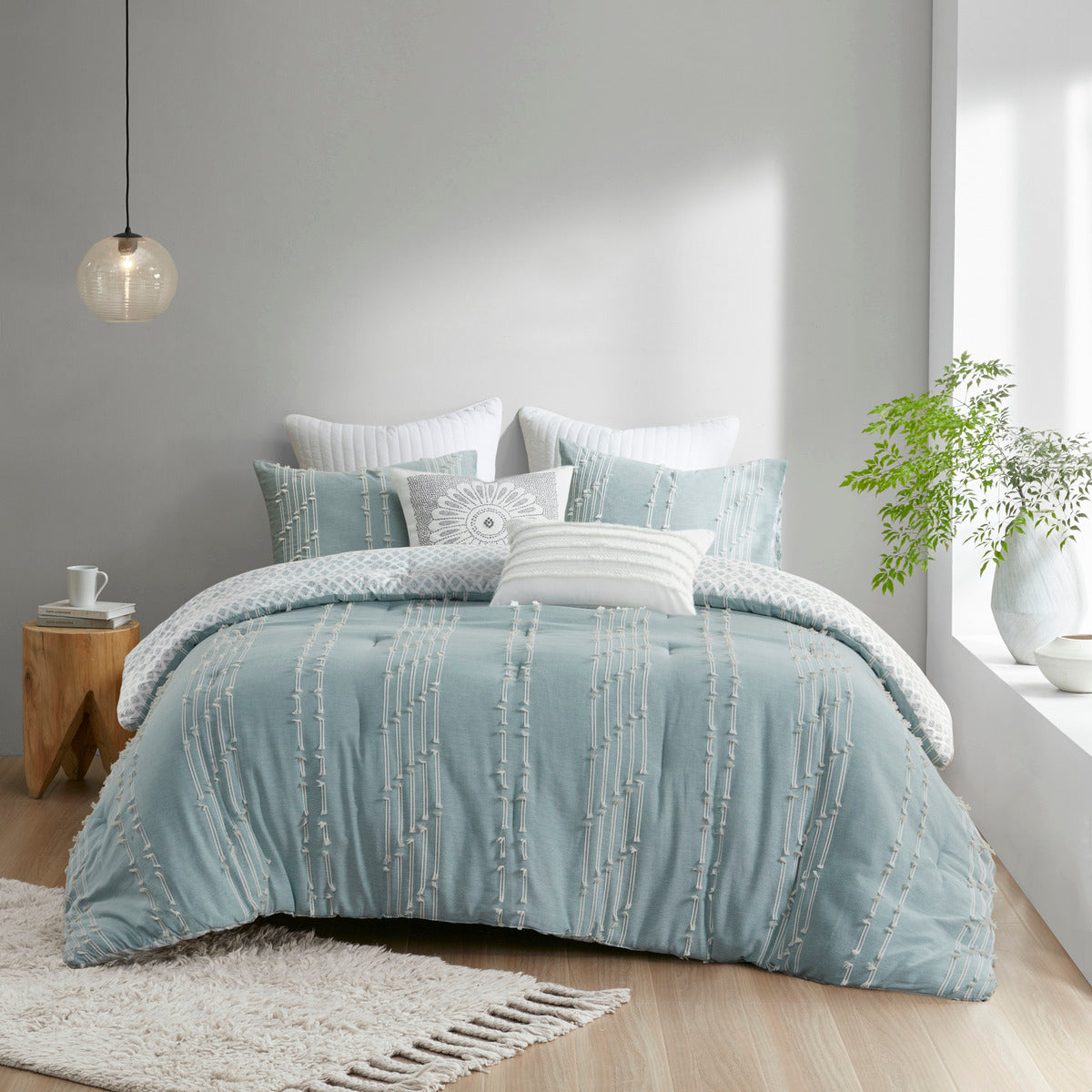 Aqua 3 Piece Cotton Jacquard Comforter Set-Full/Queen