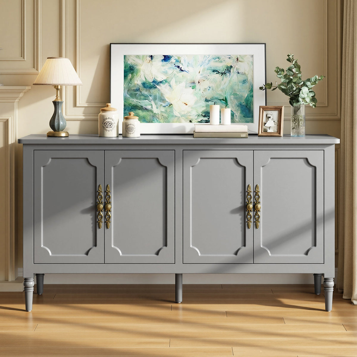 Mid-Century Wood Buffet Sideboard with Soft Closing Doors