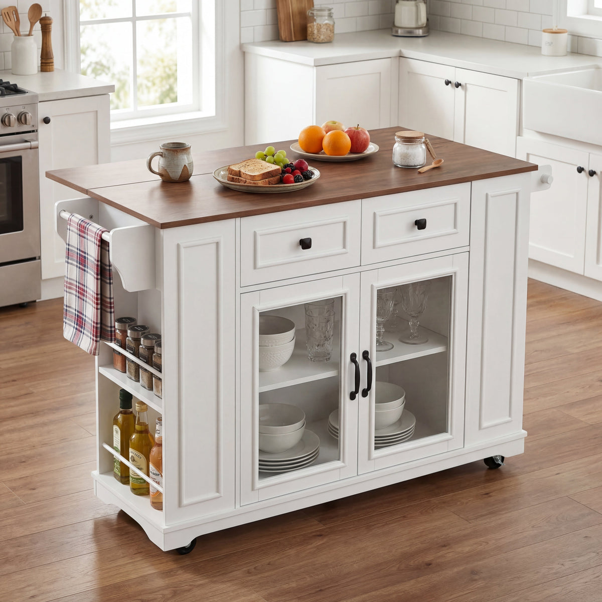 54" Mobile Kitchen Island with Glass Door Storage & Power Outlets