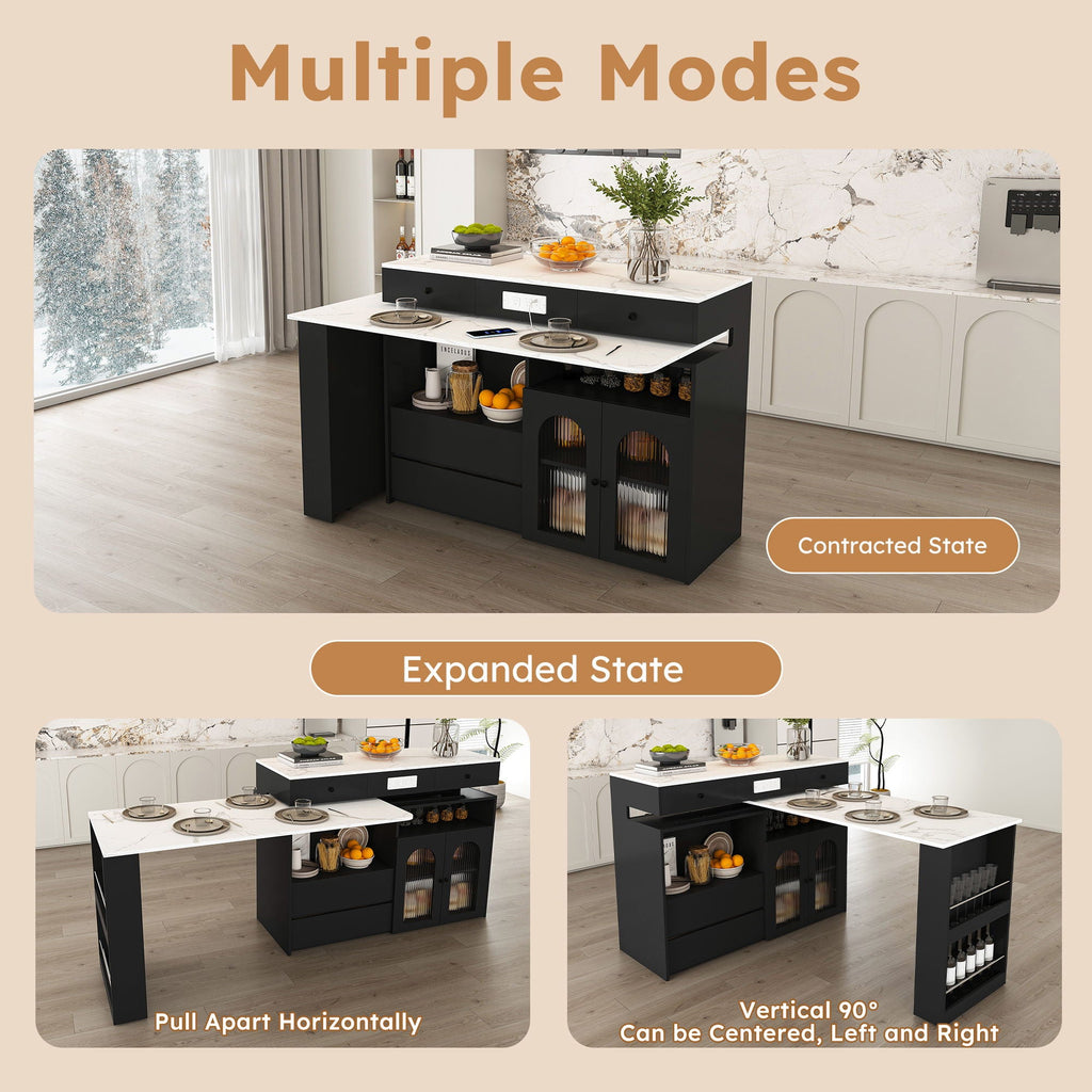 Kitchen Island With Extendable Rotating Table and Glass Door Cabinets