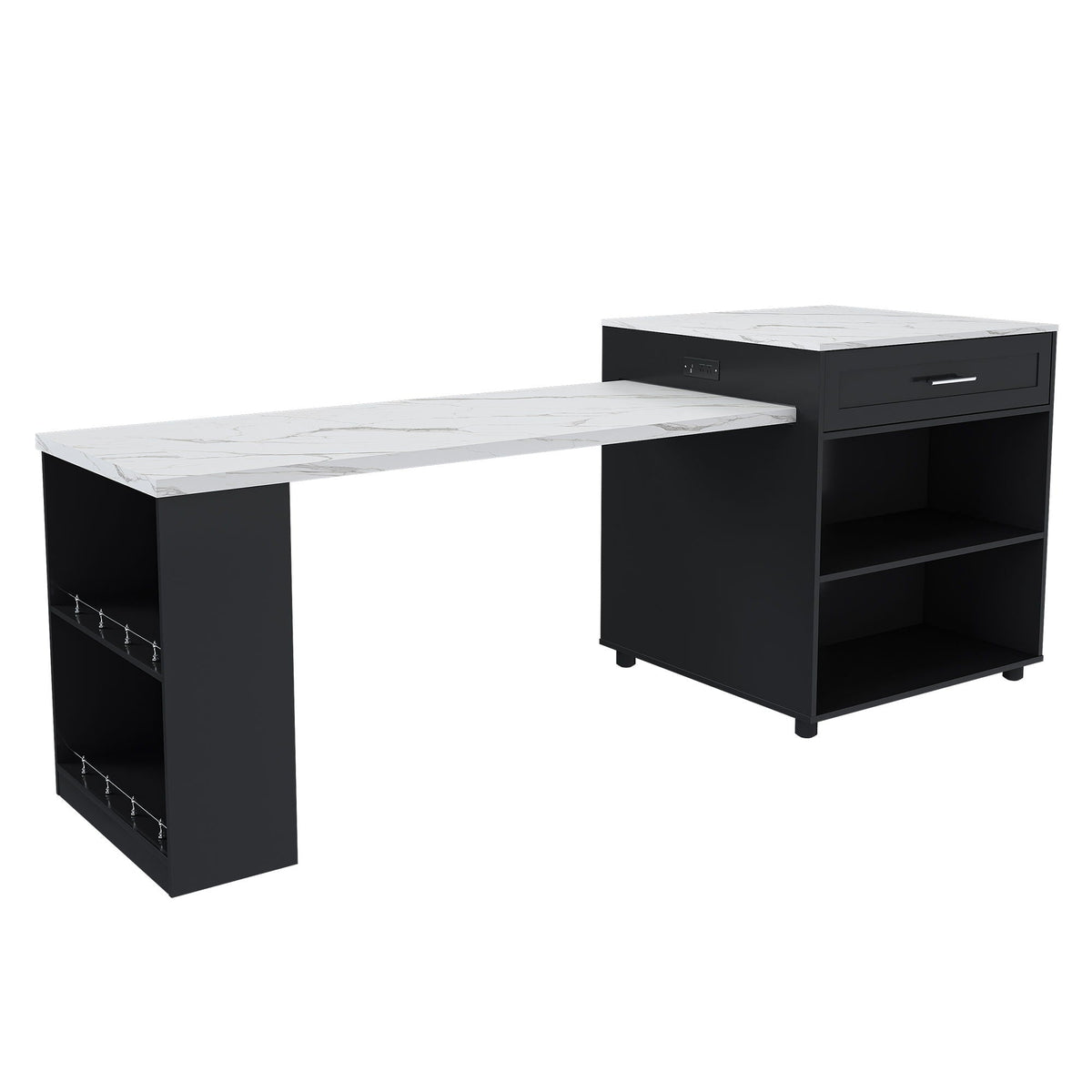 Black and white office desk with a smaller side table on a white background