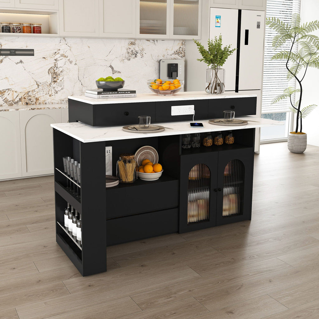 Kitchen Island With Extendable Rotating Table and Glass Door Cabinets