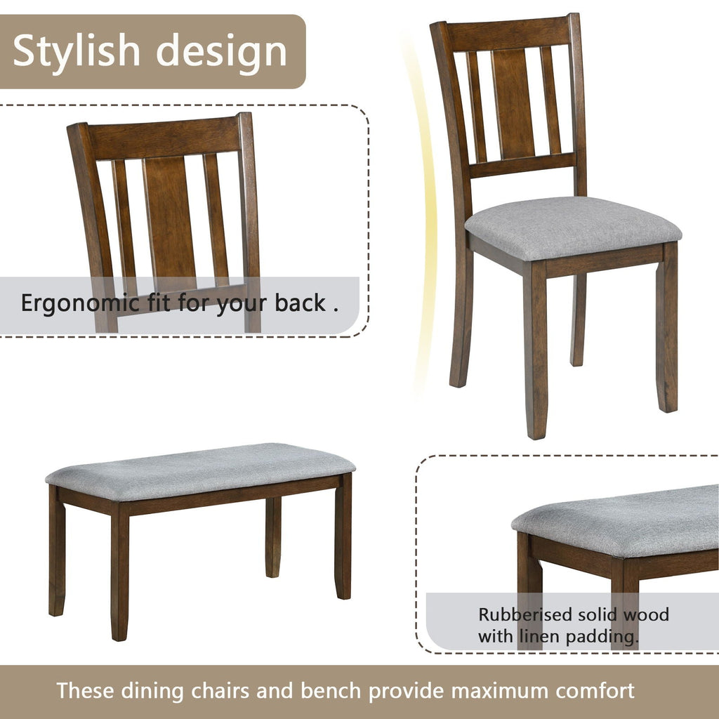 6 Piece Wood Dining Table with 4 Upholstered Chairs And A Bench