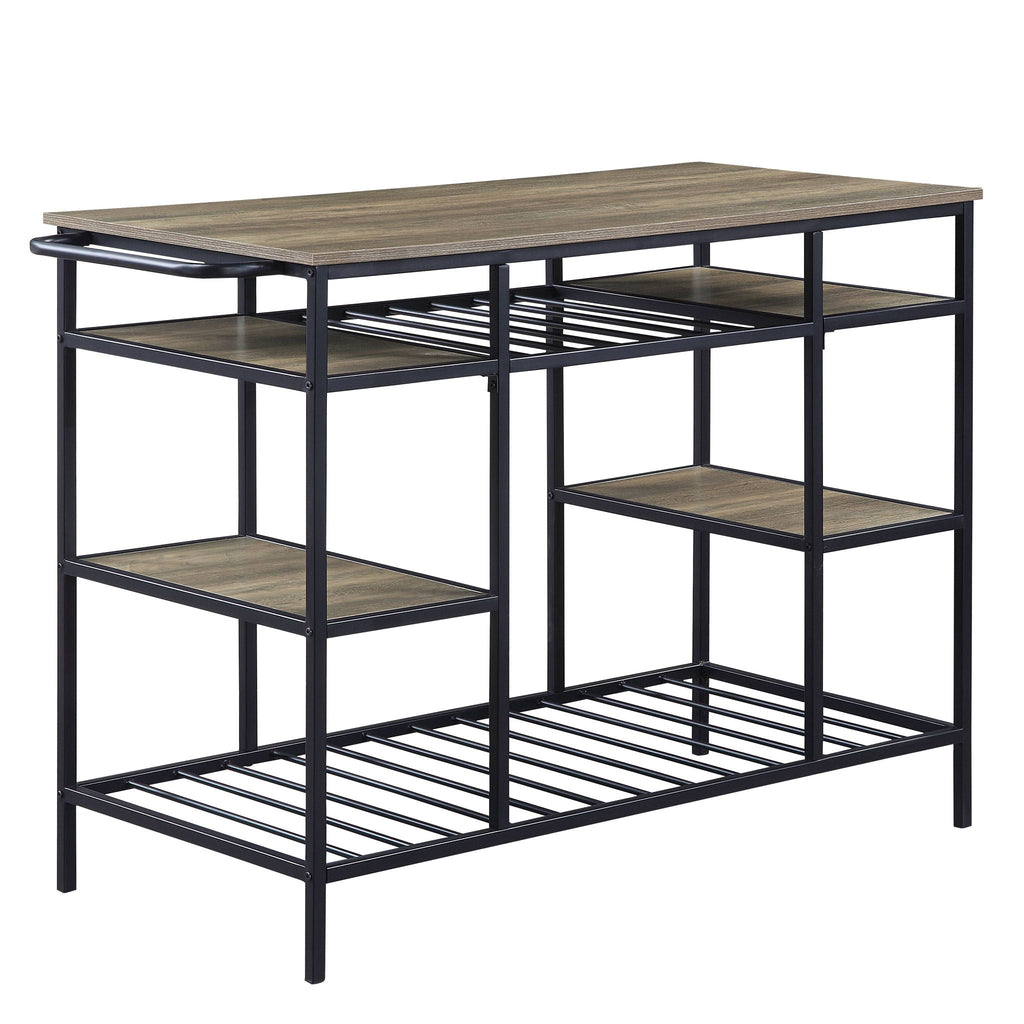 Kitchen island with wooden top and metal frame on a white background