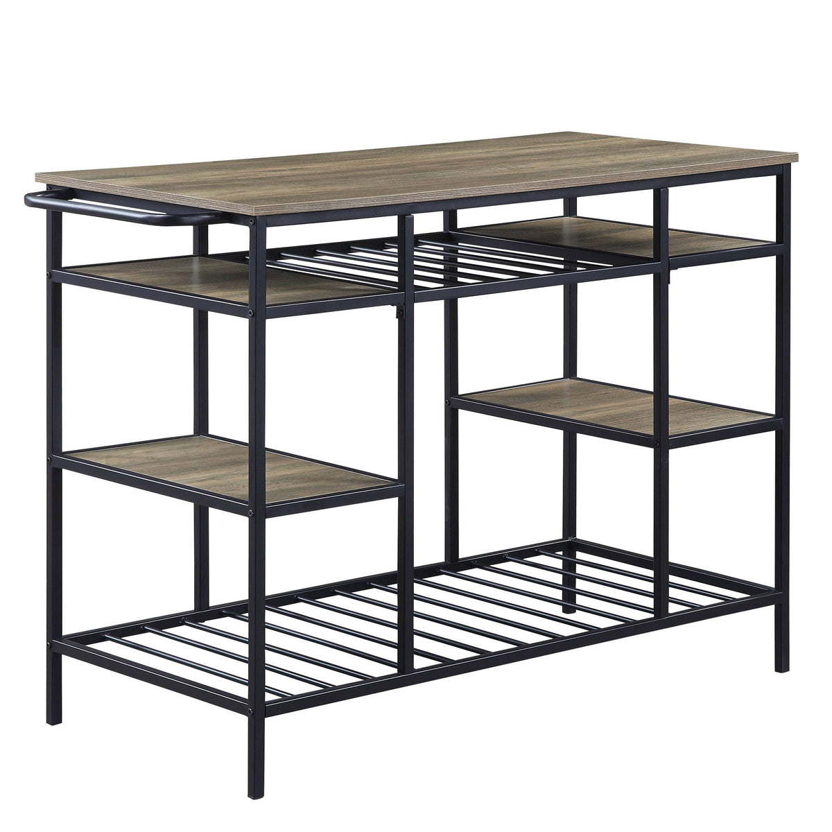 Kitchen island with wooden top and metal frame on a white background