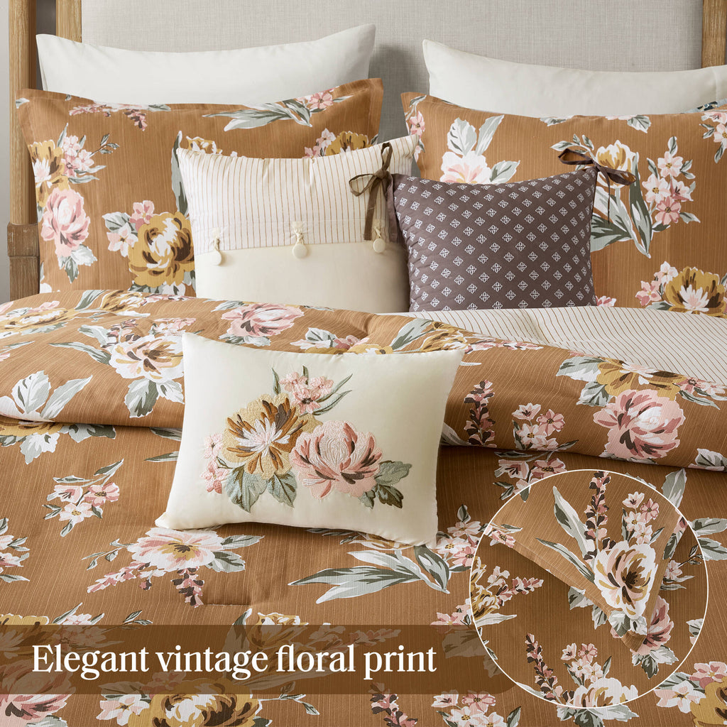 Terracotta 7-Piece Floral Comforter Set-Queen