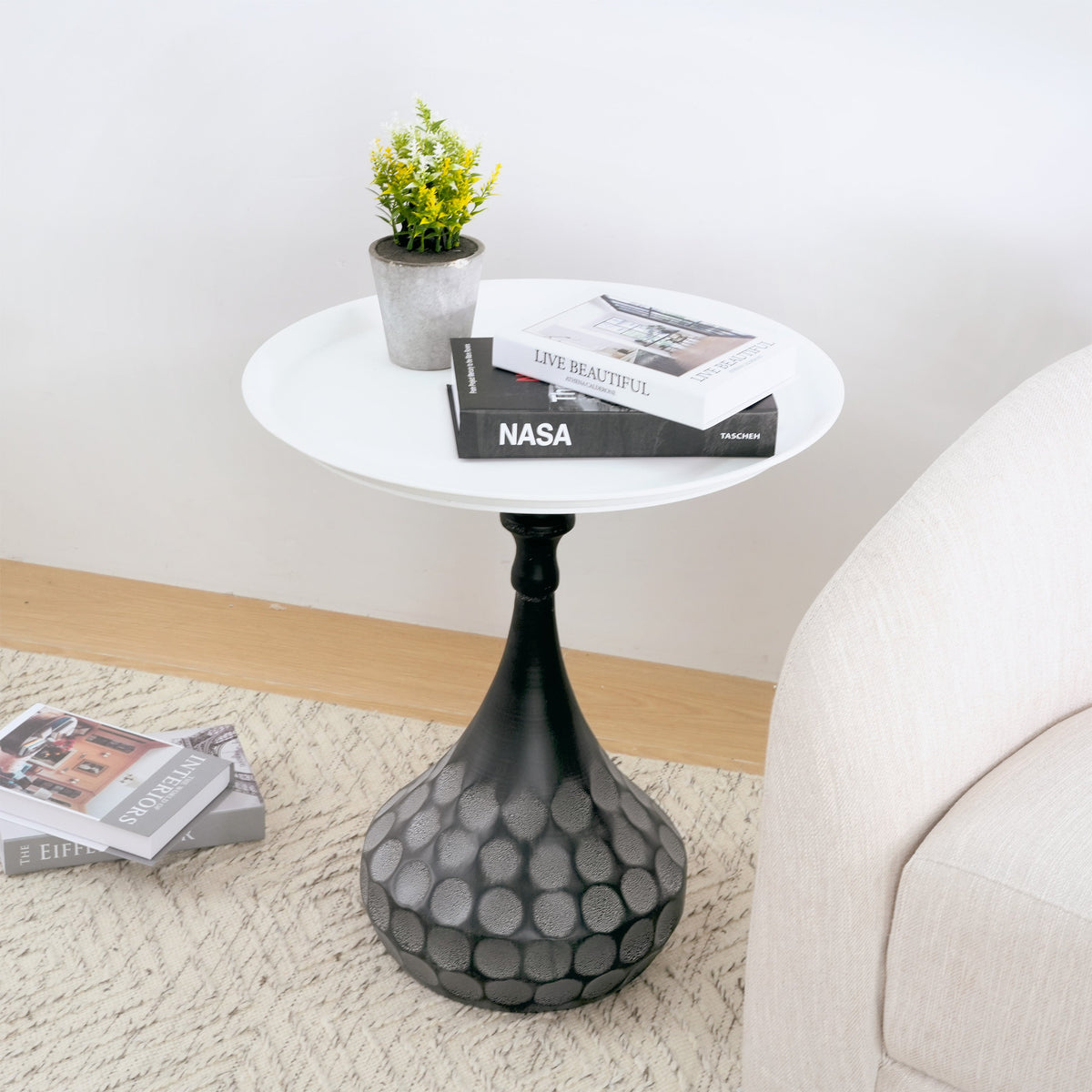 Metal Accent Pedestal Table, Hand-Hammered Texture-White+Black