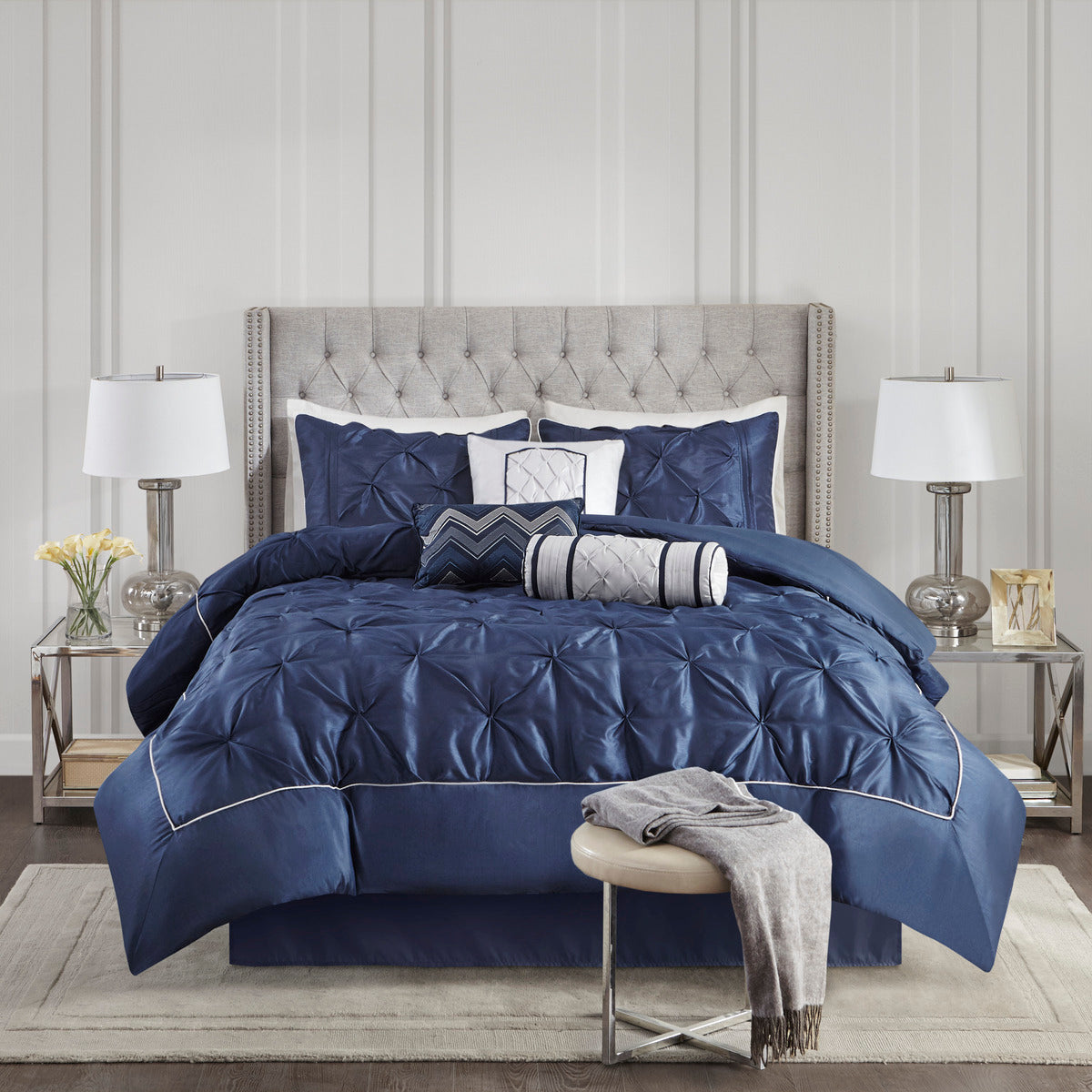 Navy 7 Piece Tufted Queen Comforter Set