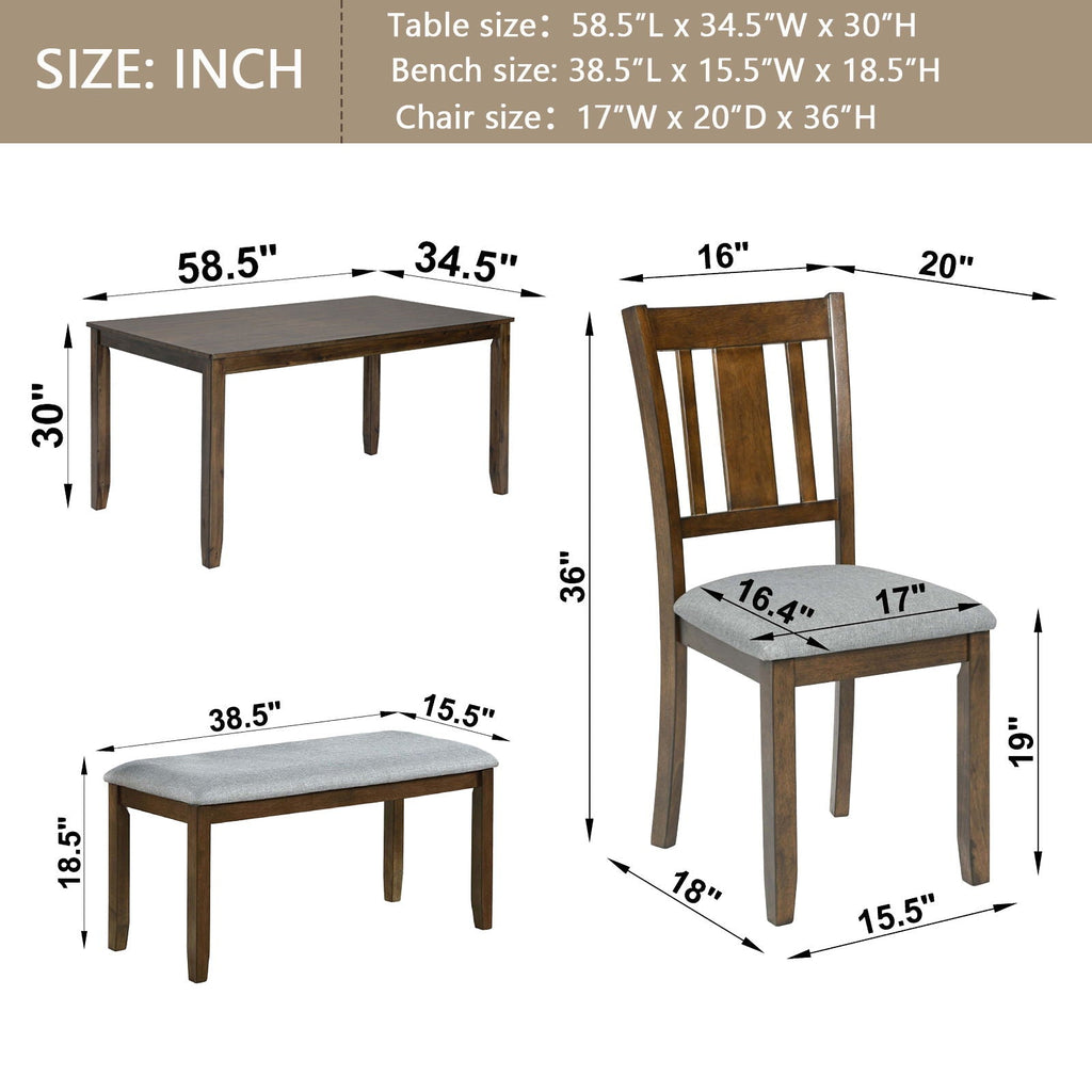 6 Piece Wood Dining Table with 4 Upholstered Chairs And A Bench