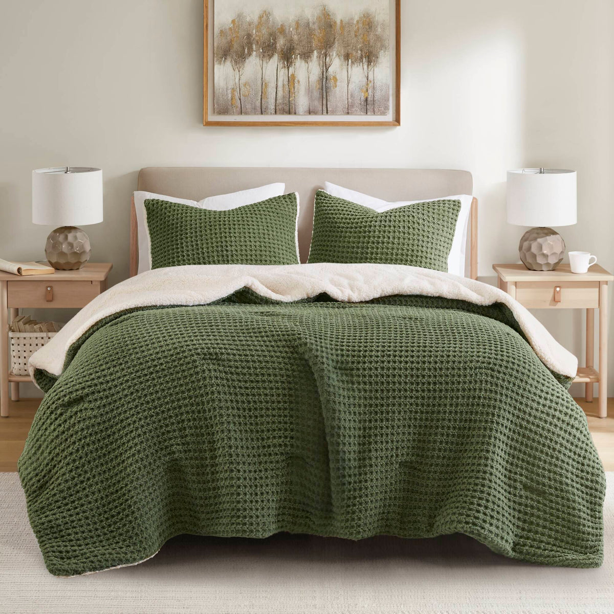 Olive Full/Queen Waffle Knit Chenille Comforter Set