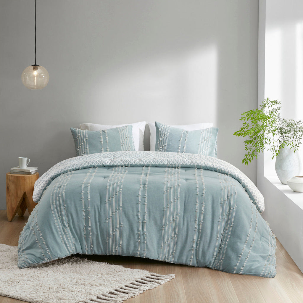 Aqua 3 Piece Cotton Jacquard Comforter Set-Full/Queen
