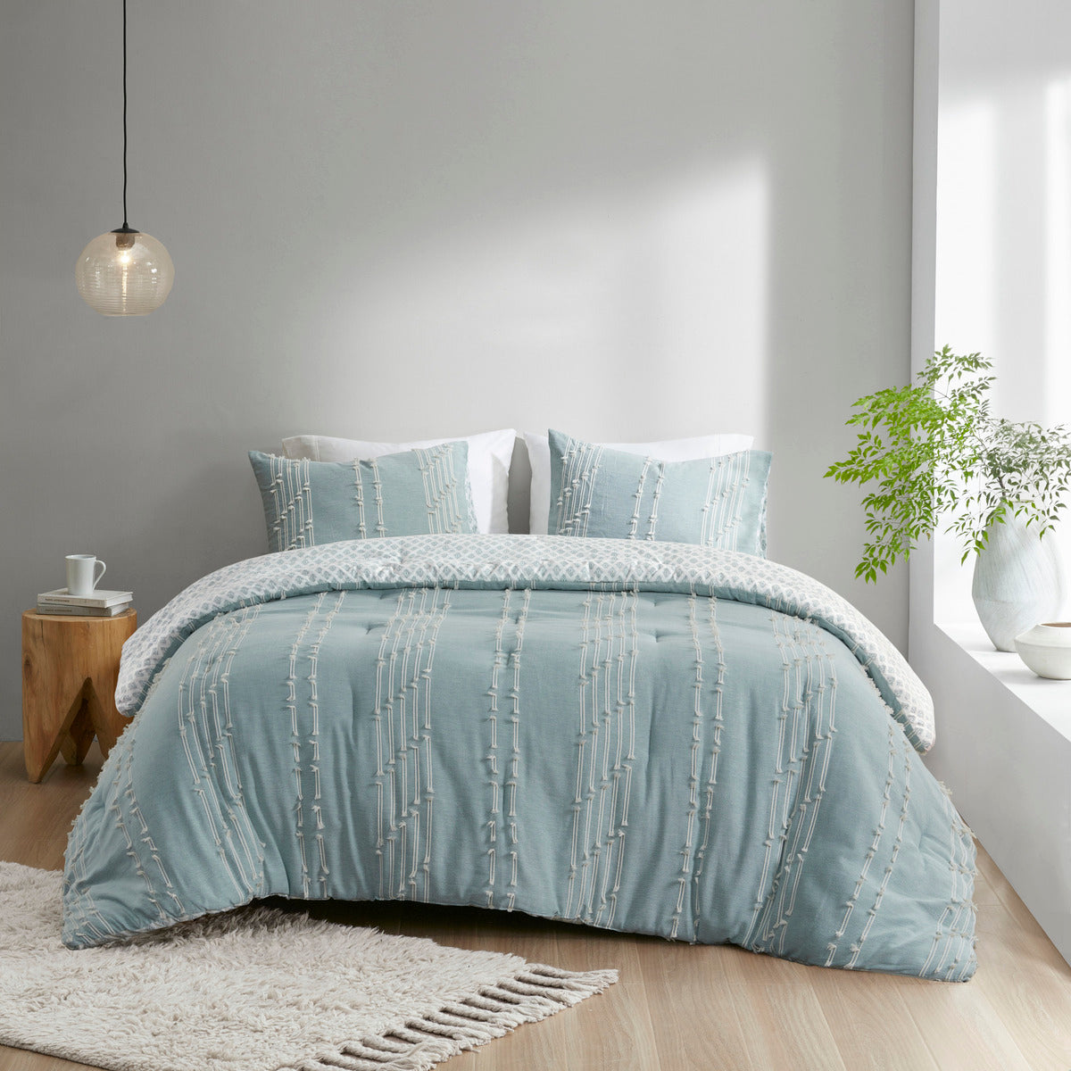 Aqua 3 Piece Cotton Jacquard Comforter Set-Full/Queen