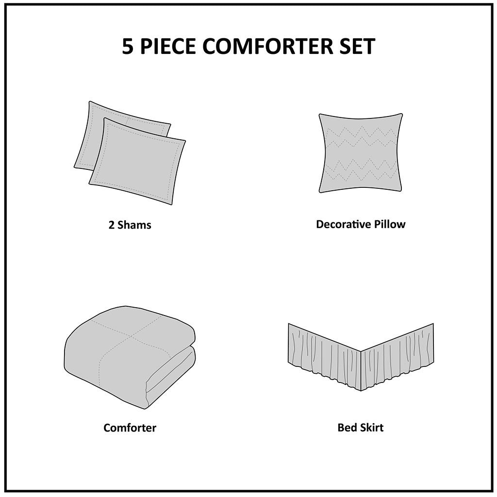 White 5 Piece Microfiber Ruffled Comforter Set - California King