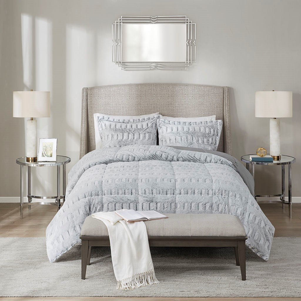 Gray Long Fur Back Print Comforter Mini Set-Full/Queen