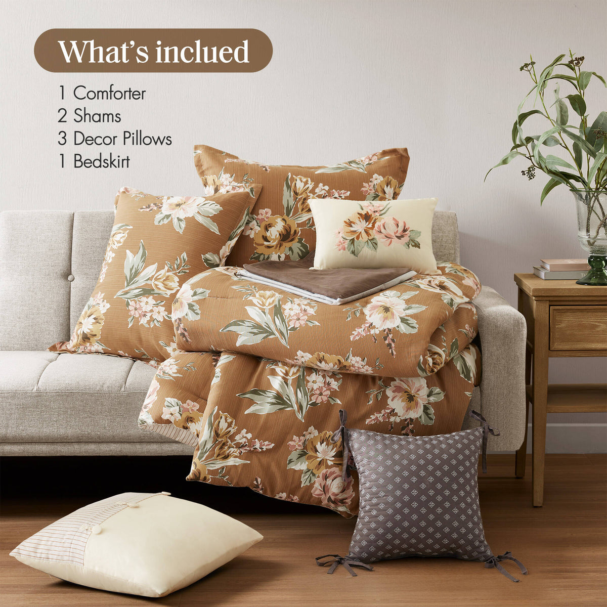Terracotta 7-Piece Floral Comforter Set-Queen