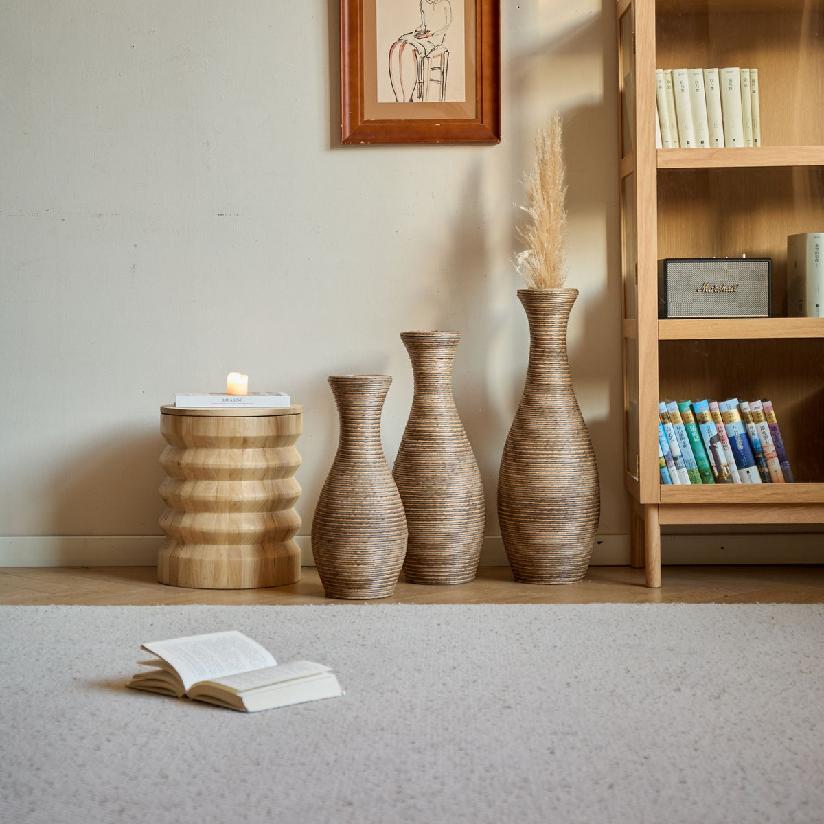 Beige 3 Piece Decorative Floor Vase Set-Ideal For Dried Or Silk Flower Arrangements