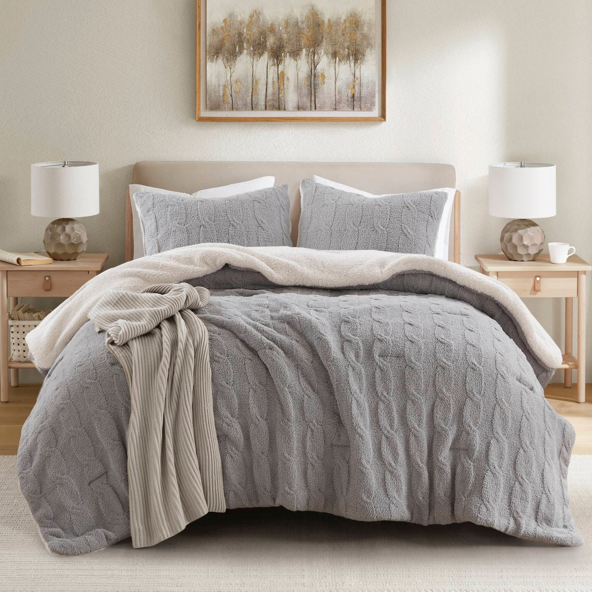 Gray 3 Piece Full/Queen Cable Knit Chenille Comforter Set