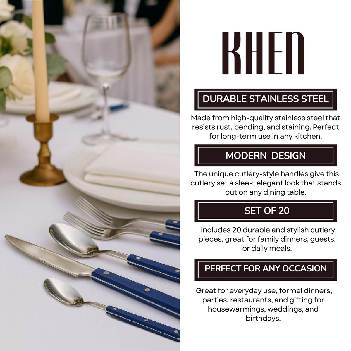 Khen Blue Stainless Steel Flatware – 20-Piece Set